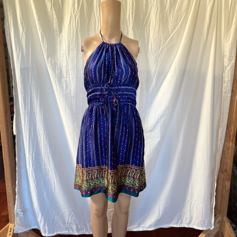 Vintage Betsy Johnson Silk Print Halter Dress Size 4 Blue